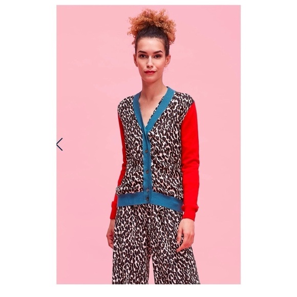 St. John Colorblock Leopard Zip Up Wool Blend Sweater Large Long Sleeve - Picture 1 of 6